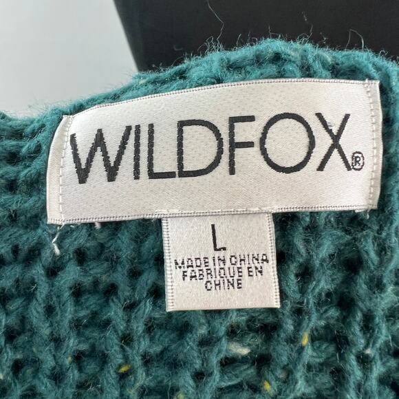 WILDFOX Pattie Green Sweater Chunky Knit V-Neck Hood Raglan Sleeve Size Large L - Picture 9 of 10